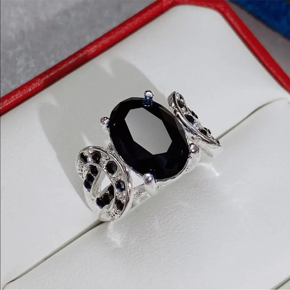 New Elegant 925 Silver Jewelry Fashion Women Black Sapphire Ring - Picture 2 of 6